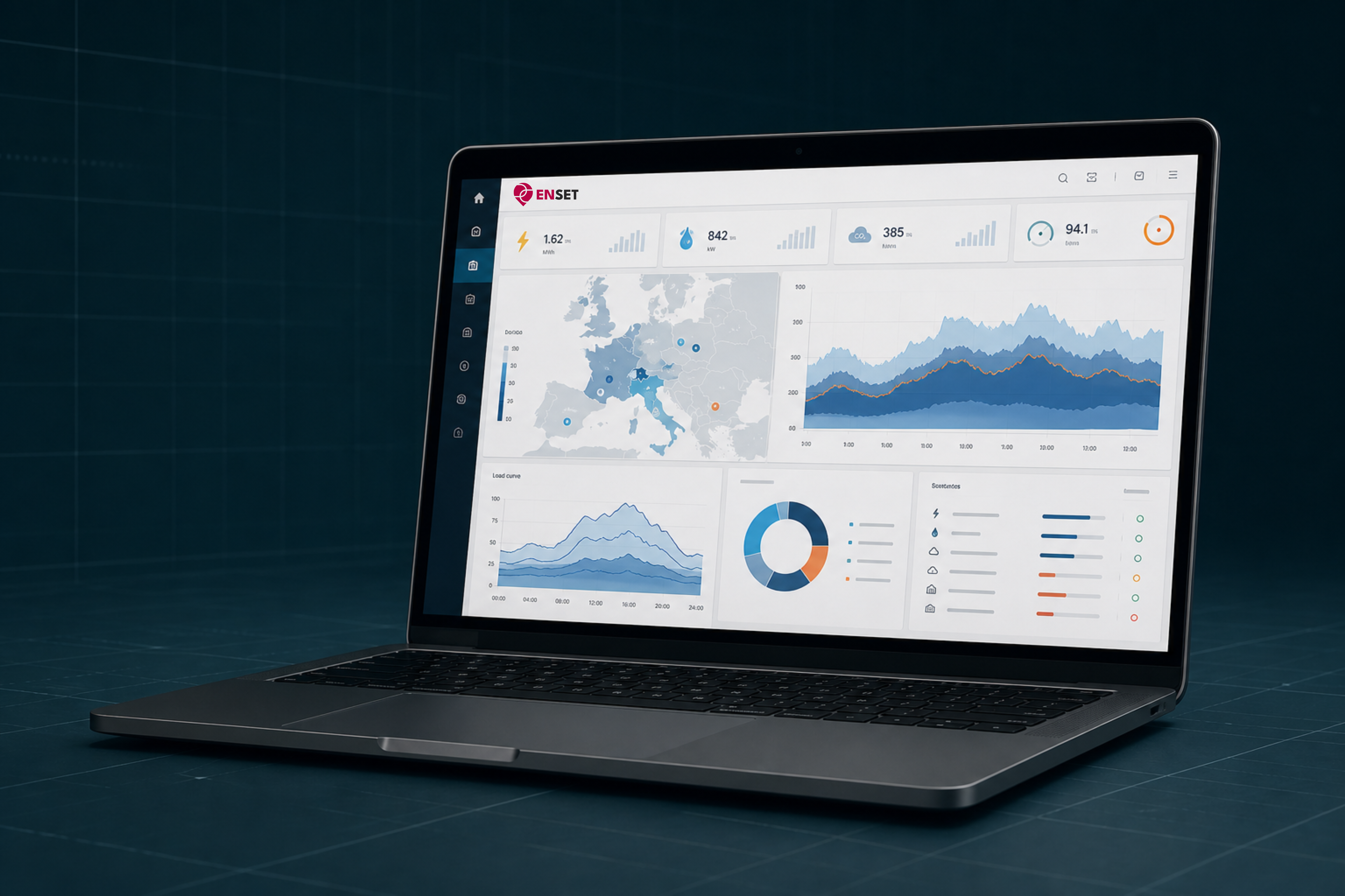 Laptop mit einem technischen Dashboard für Energiemanagement